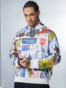 Transformers X SHEIN Hanorac cu buzunar larg, cu imprimeu patchwork, pentru bărbați, casual, la modă, de stradă, cu umeri căzuți, primăvară/toamnă - Multicolor - Vizualizare 2
