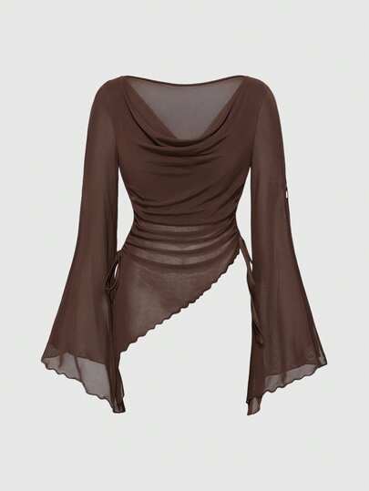 Hippie T-shirt décontracté pour femmes avec encolure bénitier ample, taille cintrée et manches évasées style chauve-souris