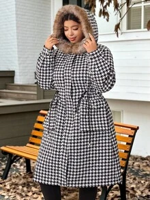 SHEIN EZwear Veste épaisse à capuche pour femme grande taille, motif pied-de-poule, à la mode, hiver - Noir et Blanc - Voir 5