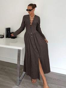 Siren Gaze Vestido de lino de manga larga para mujer, vestido casual de vacaciones, vestido de línea A con cuello en V, ropa casual para mujer, vestido de playa para mujer, vestido elegante para mujer, vestido de otoño para mujer