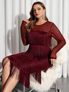 SHEIN Clasi Vestido de malla con volantes y parches, talla grande, para otoño/invierno - Burdeos - Ver 4