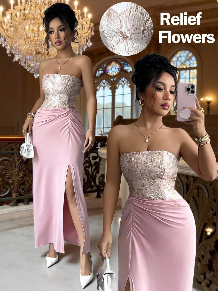 SHEIN Elenzya 女士新款粉色提花拼接弹力牛奶丝露肩无袖褶皱高腰不对称高开衩修身连衣裙，浪漫优雅正式礼服，适合宴会、秋冬 - 粉色 - 查看 1