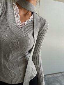 DAZY Pulover cu guler în V și imprimeu petic de dantelă toamnă/iarnă, croială slim fit, stil business casual, stil vintage, potrivit pentru Revelion, Crăciun, nuntă - Gri - Vizualizare 7
