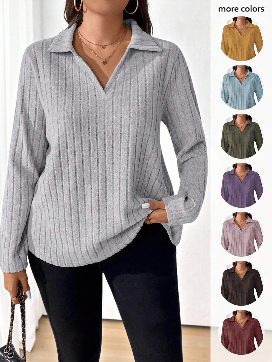 EMERY ROSE Plus Size Solid Color Rib Knit Casual Versatile Long Sleeve T-Shirt Fall Cloth For Women - Light Grey - View 1