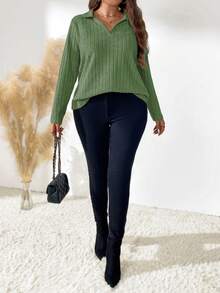 EMERY ROSE Plus Size Women Solid Color Polo Collar Long Sleeve Ribbed Casual T-Shirt Fall Cloth For Women - Green - View 3