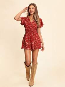 SHEIN VCAY 小碎花交疊領蝴蝶袖連身短褲 - 紅白色 - 查看 3