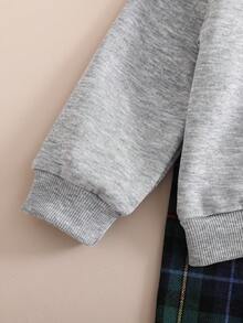 SHEIN 2 piezas Conjunto de niña bebé casual y lindo con bordado de oso, cuello de manzana, media cremallera, manga larga y pantalón recto a cuadros, adecuado para actividades al aire libre o en casa, proporcionando un uso cómodo en otoño/invierno - Gris - Ver 6