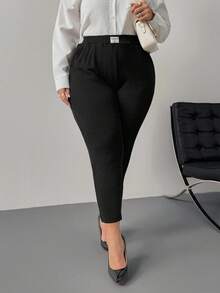 SHEIN PETITE CURVE 大码休闲简约口袋裤，保暖内衬，适合秋冬季 - 黑色 - 查看 8