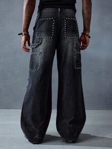 ROMWE MEN Grunge Punk Men's Heavy Punk Studded Distressed Denim Jeans - Black - View 3