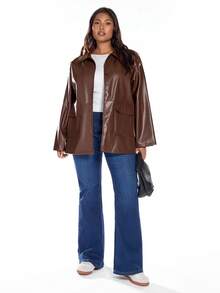 Solavibe Abrigo casual de talla grande para otoño/invierno, chaqueta de mujer casual y versátil de manga larga, de piel sintética marrón con textura moteada, ideal para Acción de Gracias, Navidad, otoño/invierno, nueva chaqueta casual suelta y gruesa de PU para mujer de talla regular - Café integral - Ver 4