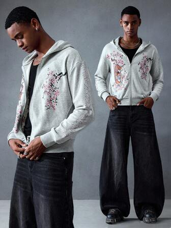 Street Life Felpa con cappuccio casual da uomo con stampa floreale e tigre, decorata con strass, autunnale