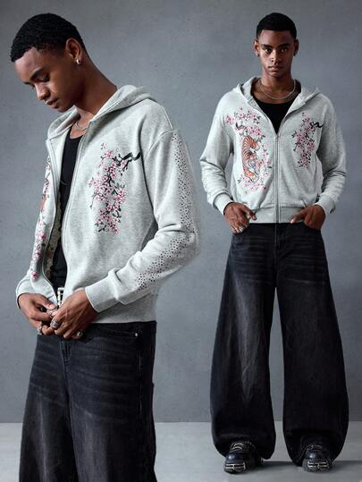 Street Life Felpa con cappuccio casual da uomo con stampa floreale e tigre, decorata con strass, autunnale