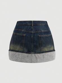 SHEIN MOD 女式休闲口袋卷边短款牛仔迷你裙 - 深色水洗藍 - 查看 2