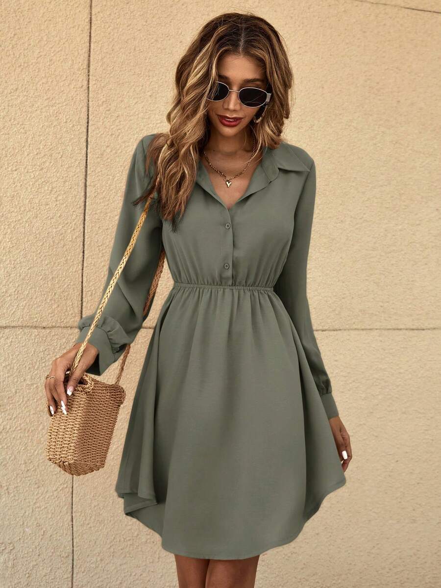 SHEIN Frenchy Váy sơ mi màu trơn đơn giản, thắt eo, mặc đi làm hàng ngày dành cho nữ, Xuân/Thu - xanh quân đội - Xem 1