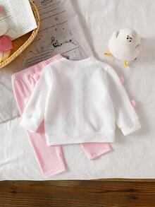 SHEIN Baby Girl Heart Pattern Front Button Jacket And Pants Set, Autumn/Winter - Pink - View 3