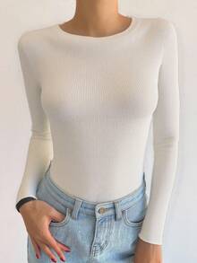 DAZY Suéter de cuello redondo de unicolor, ajustado y elegante, de manga larga y versátil - Albaricoque - Ver 5