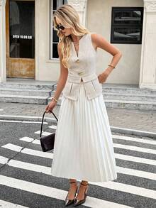 SHEIN Frenchy Women's Off-White Elegant 2-Piece Set,V-Neck Metal Decor Sleeveless Top & Pleated Hem Skirt,Slim A-Line Silhouette,Summer Brunch Vacation Outfits - Apricot - View 5