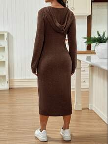 SHEIN Đầm suông dài tay có dây rút màu trơn cho bà bầu, dáng ôm, dáng suông, thoải mái - Cà phê - Xem 2