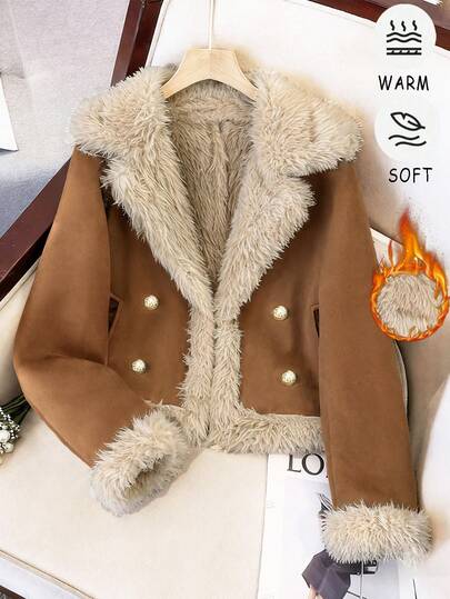 Franclia Kurtka zimowa, stylowy i luksusowy damski płaszcz zimowy z długim rękawem i klapami w kształcie litery H, z pluszu w kolorze khaki, modna francuska kurtka zimowa z podszewką termiczną i grubym polarem z wełny jagnięcej, damski płaszcz zimowy