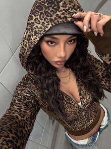 StreetHx Sudadera con cremallera de estampado de leopardo elegante, estilo corto ajustado, otoño/invierno - Café integral - Ver 6