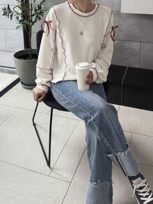 FRIFUL Women's Round Neck Loose Contrast Color Ruffle Trim Contrast Color Sleeve Bow Decor Loose Casual Sweatshirt - Beige - View 2