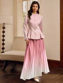 SHEIN Clasi Women's Solid Color Stand Collar Long Sleeve Single-Breasted Ruffle Hem Jacket And Ombre Pleated Midi Skirt Elegant 2 Pieces Set - Pink - View 4