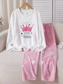 Winter 3pcs Teen Girls Crown Print Pajama Set, Pink Long Pants & Long Sleeve Top - Pink - View 9