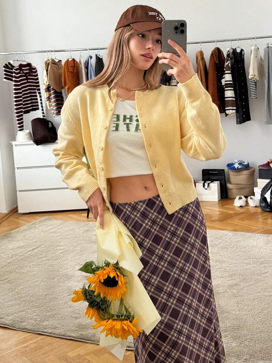 Muvela 女士格子网纱裙百搭格子长裙，秋季姐妹聚会必备单品，复古学院风，老钱风 - 棕色 - 查看 1