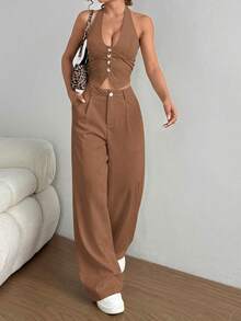 Flirla Petite 2pcs/Set Halter Tie Vest And Straight Leg Casual Pants - Chocolate Brown - View 4