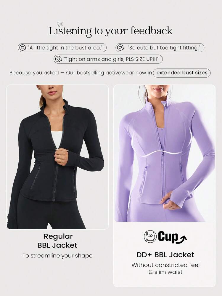 FeatherFit™ para DD+ Chaqueta con cremallera de manga larga de bajo impacto para yoga y uso diario en otoño, con bolsillos seguros y silueta estilizada