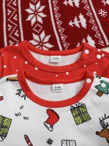 Playful Pals 2pcs/Set Infant Boys' Casual Cute Santa Claus Candy Cane Christmas Tree Gift Bear Print Jumpsuit, Suitable For Christmas, Parties In Autumn/Winter - Multicolor - View 5