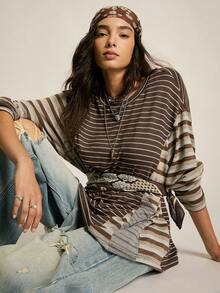 SoleilVie Women's Loose Fit Drop Shoulder Striped T-Shirt - Brown - View 2