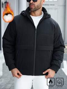 Manfinity Homme 加大码男士长袖休闲日常简约纯色拉链连帽羽绒服，冬季/秋季 - 黑色 - 查看 4