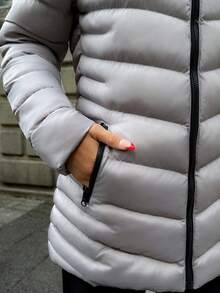 EURMUSE Women Solid Color Zipper Front Pocket Detailed Flurry Hooded Winter Coat - Grey - View 7