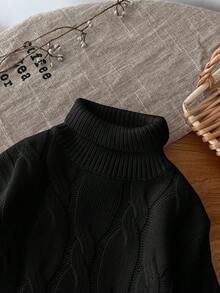 SHEIN LMoss Kids LMoss 可爱百搭奶白色简约高领长袖毛衣，适合女婴，秋冬 - 黑色 - 查看 5