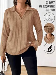 EMERY ROSE Plus Size Women's Solid Color Long Sleeve Ribbed Casual Loose T-Shirt, Autumn - Khaki - View 1