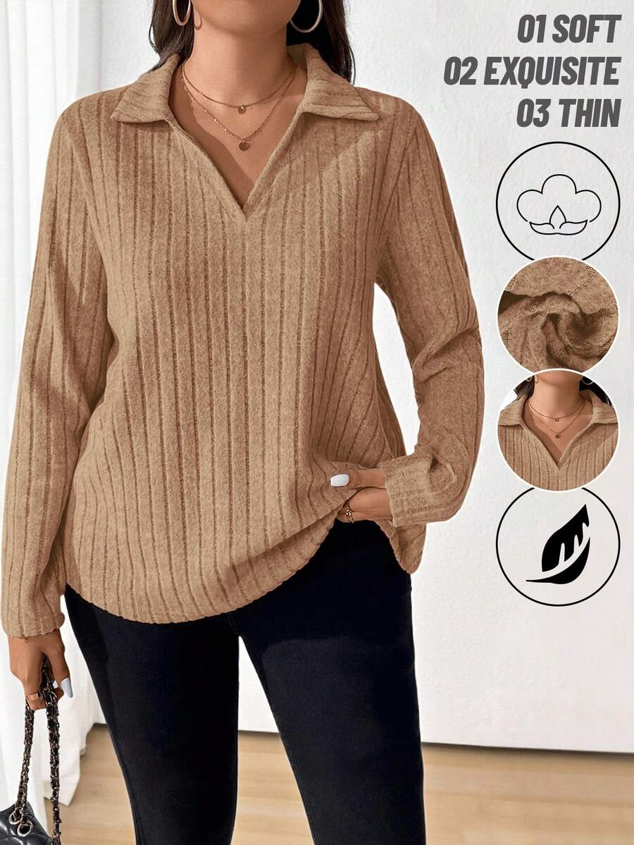 EMERY ROSE Plus Size Women's Solid Color Long Sleeve Ribbed Casual Loose T-Shirt, Autumn - Khaki - View 1