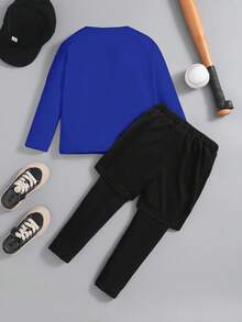 SHEIN Ensemble décontracté 2 pièces pour garçon : T-shirt à manches longues col rond et pantalon, style color block. Tenue de sport pour garçons, vêtements de sport pour enfants - Bleu azur - Voir 5