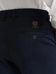 Officeau Quần dài nam ống đứng mềm mại, thoáng khí, kiểu dáng tối giản, quần tây công sở cổ điển, chất liệu co giãn màu trơn, phong cách sang trọng cho mùa xuân/hè, quần tây nam kiểu cổ điển mùa xuân đến hè. - Màu xanh hải quân - Xem 4