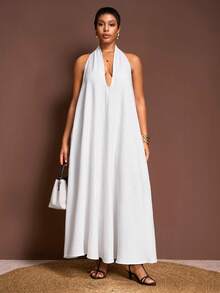 Veslaya 2025 春夏新款白色纹理深 V 领露背连衣裙，适合音乐节、复活节、圣帕特里克节、西部、游牧、生日、毕业典礼、校园、日常穿着、休闲、度假 - 白色 - 查看 7