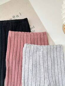 SHEIN Babygirl Versatile Casual Cute Knitted Solid Color Elastic Waist Pants 3-Pack, Solid Color Textured Ripped Leggings 3-Pack, Ripped Trousers 3-Pack, Buy Two Get One Free, Practical Discount, Fashionable Design, Cutting-Edge Fashion Design, Can Be Worn Indoors And Outdoors, Simple Style, Suitable For Indoor, Outdoor, Daily, Sports, Play, Party, Photo, Vacation, Festival - Multicolor - View 10