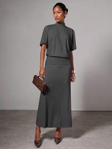 COSMINA Women's Solid Color Stand Collar Batwing Short Sleeve Fitted Elegant Dress - Dark Grey - View 4