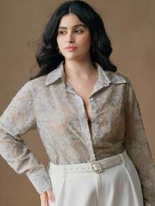 Anewsta Plus Size Women Floral Jacquard Long Sleeve Single-Breasted Elegant Blouse - Dusty Blue - View 3