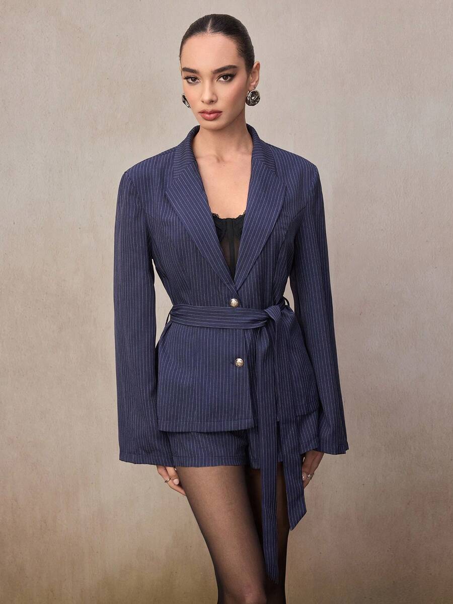Modelyn Women Navy Blue Striped Suit Set, Loose Fit Blazer Jacket And A-Line Shorts, 2 Pieces Set - Navy Blue - View 1