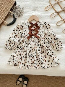Babygirl Cute & Elegant Floral Bow Loose Long Sleeve Dress Baby Girl Boho Dress Leopard Dress Animal Print Clothes Toddler Baby Fall Dress - Beige - View 3