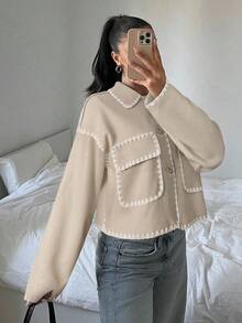 SHEIN EZwear 女士休闲撞色滚边翻盖口袋前扣夹克，秋季 - 杏色 - 查看 1