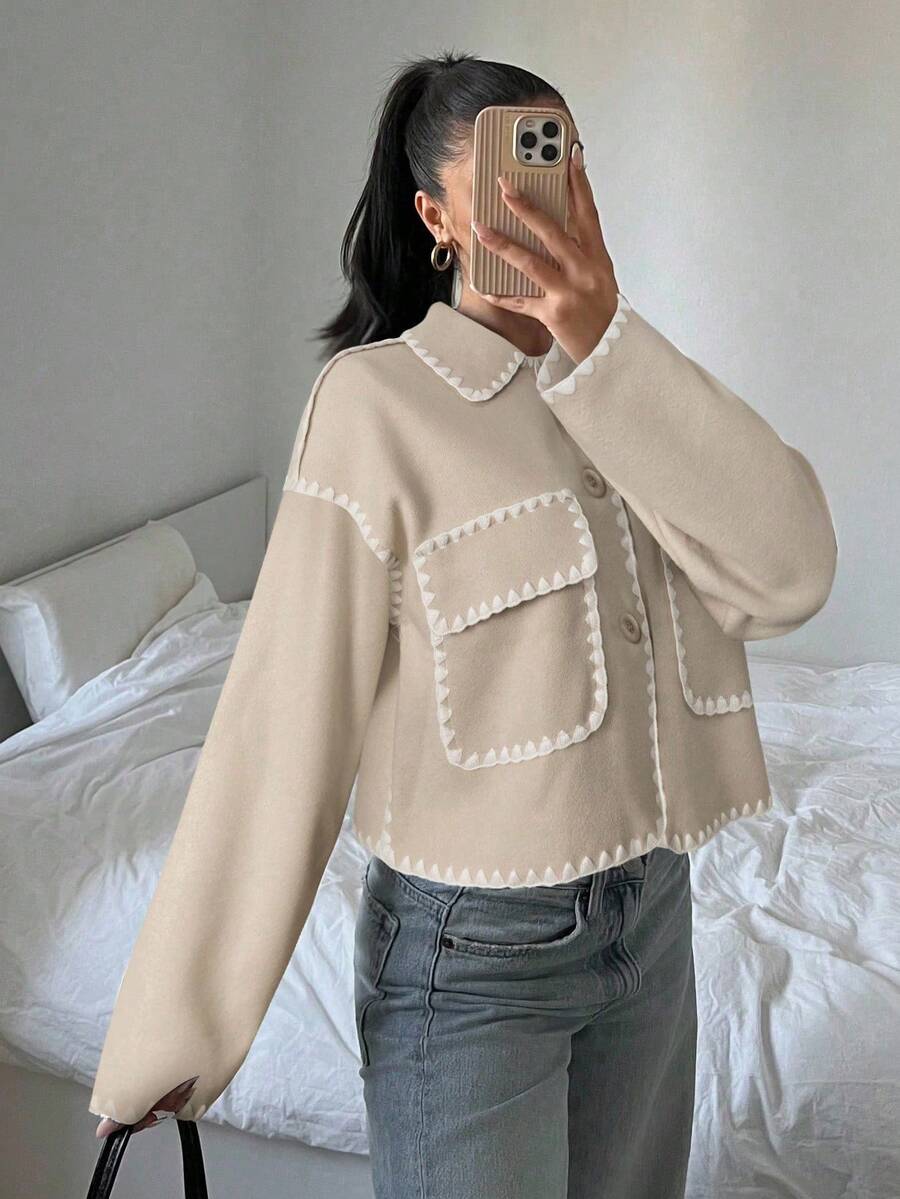 SHEIN EZwear 女士休闲撞色滚边翻盖口袋前扣夹克，秋季 - 杏色 - 查看 1