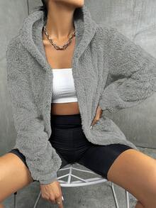 SHEIN Unity Casual Solid Color Fluffy Hooded Jacket, Autumn/Winter - Grey - View 4