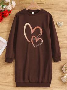 Sparklyn Girls' Casual Heart Print Round Neck Long Sweatshirt, Suitable For Autumn/Winter - Brown - View 1