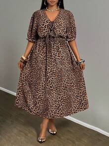 Slaydiva Boho Midi Ruffle Dress - Leopard Print, Suitable For Spring/Summer, Elegant & Commute & Party & Club & Outing - Multicolor - View 4